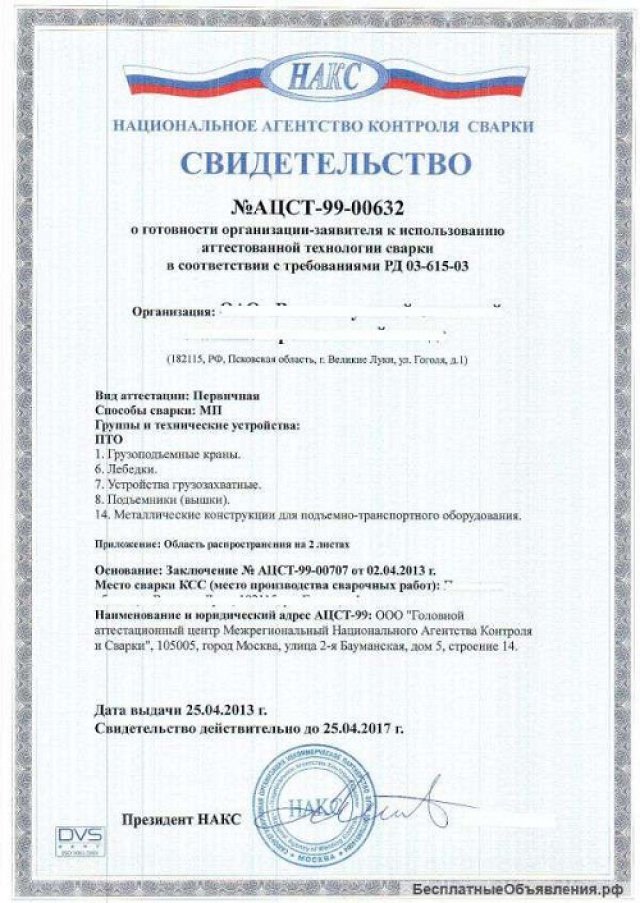 Образец свитедельства о готовности к использованию аттестованной технологии